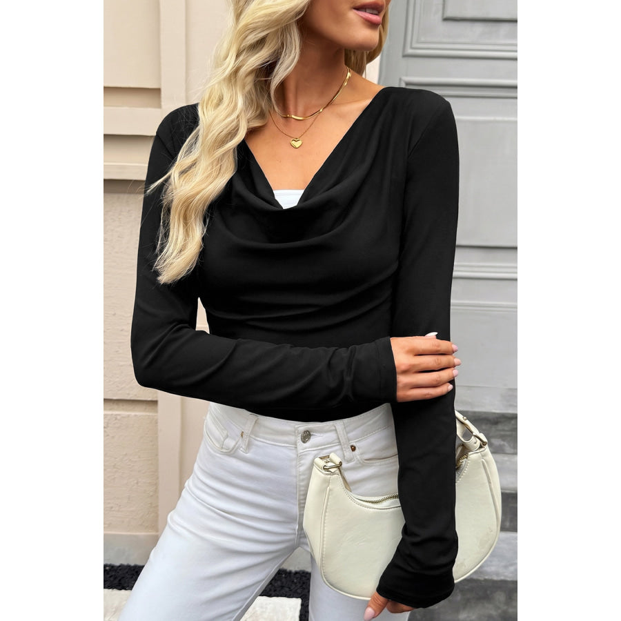 Black Color Block Drape V Neck Pleated Long Sleeve Top / S / 93% Viscose + 7% Elastane Tops/Long Tops
