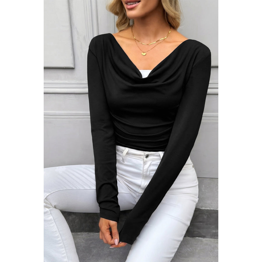 Black Color Block Drape V Neck Pleated Long Sleeve Top Tops/Long Tops