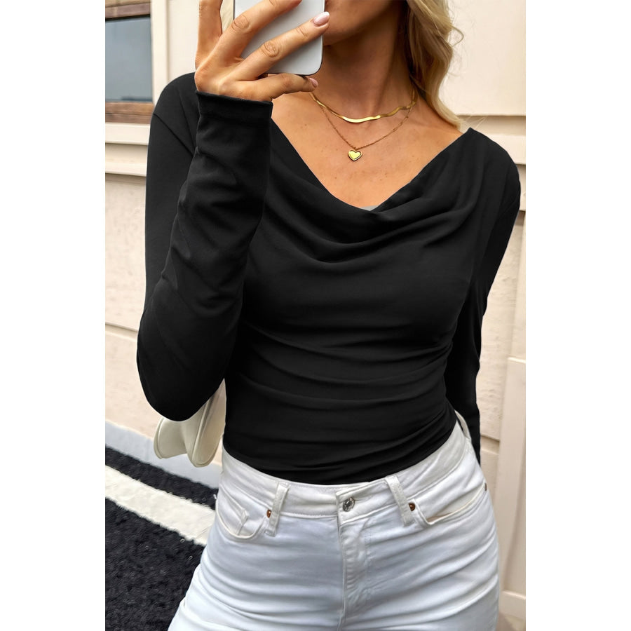 Black Color Block Drape V Neck Pleated Long Sleeve Top Tops/Long Tops