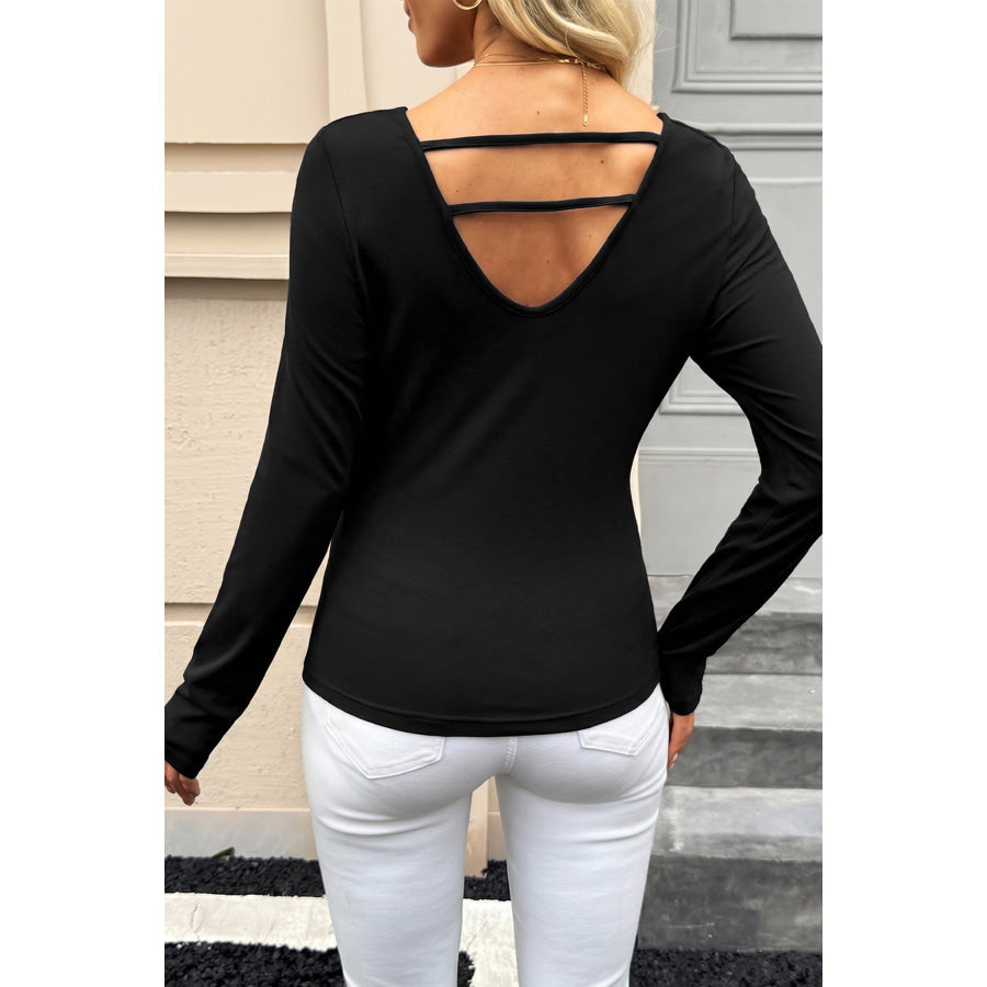 Black Color Block Drape V Neck Pleated Long Sleeve Top Tops/Long Tops