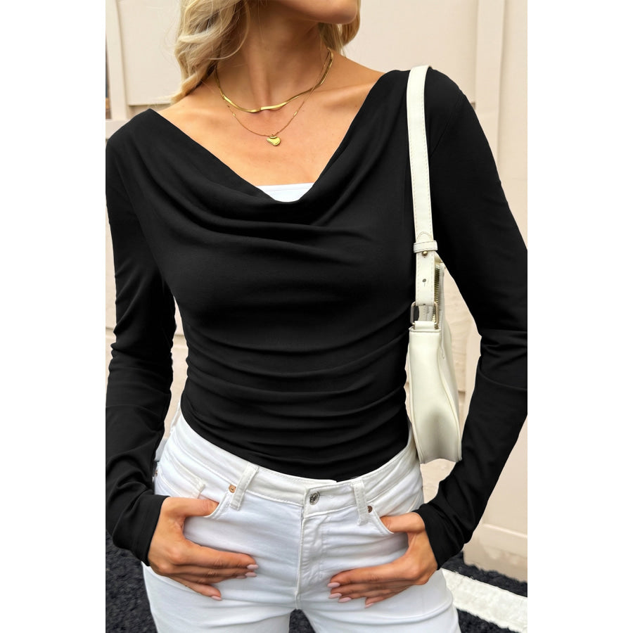 Black Color Block Drape V Neck Pleated Long Sleeve Top Tops/Long Tops