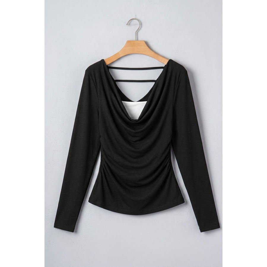 Black Color Block Drape V Neck Pleated Long Sleeve Top Tops/Long Tops