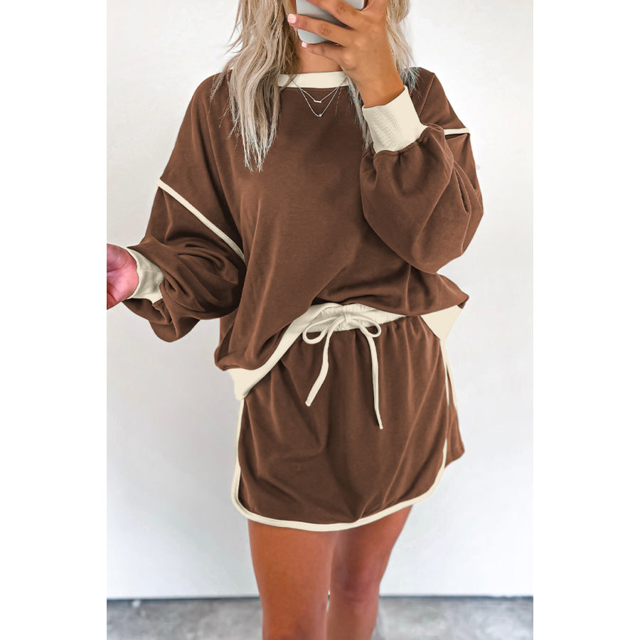 Black Color Contrast Loose Pullover and Lace-up Waist Skort Set Coffee / S / 65% Polyester + 35% Cotton Two Piece Sets/Two Piece Dresses