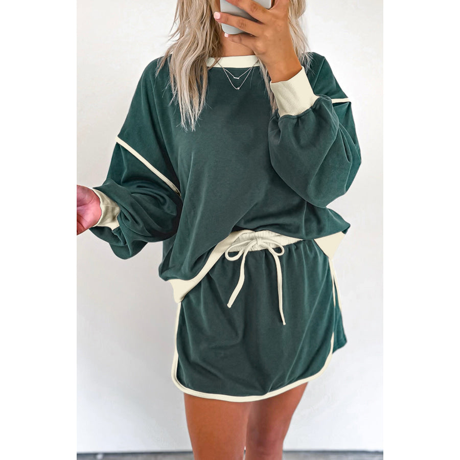 Black Color Contrast Loose Pullover and Lace-up Waist Skort Set Evergreen / S / 65% Polyester + 35% Cotton Two Piece Sets/Two Piece Dresses