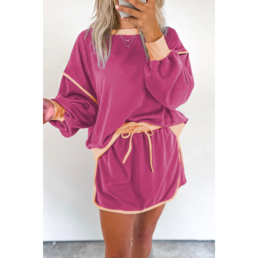 Black Color Contrast Loose Pullover and Lace-up Waist Skort Set Rose Red / S / 65% Polyester + 35% Cotton Two Piece Sets/Two Piece Dresses