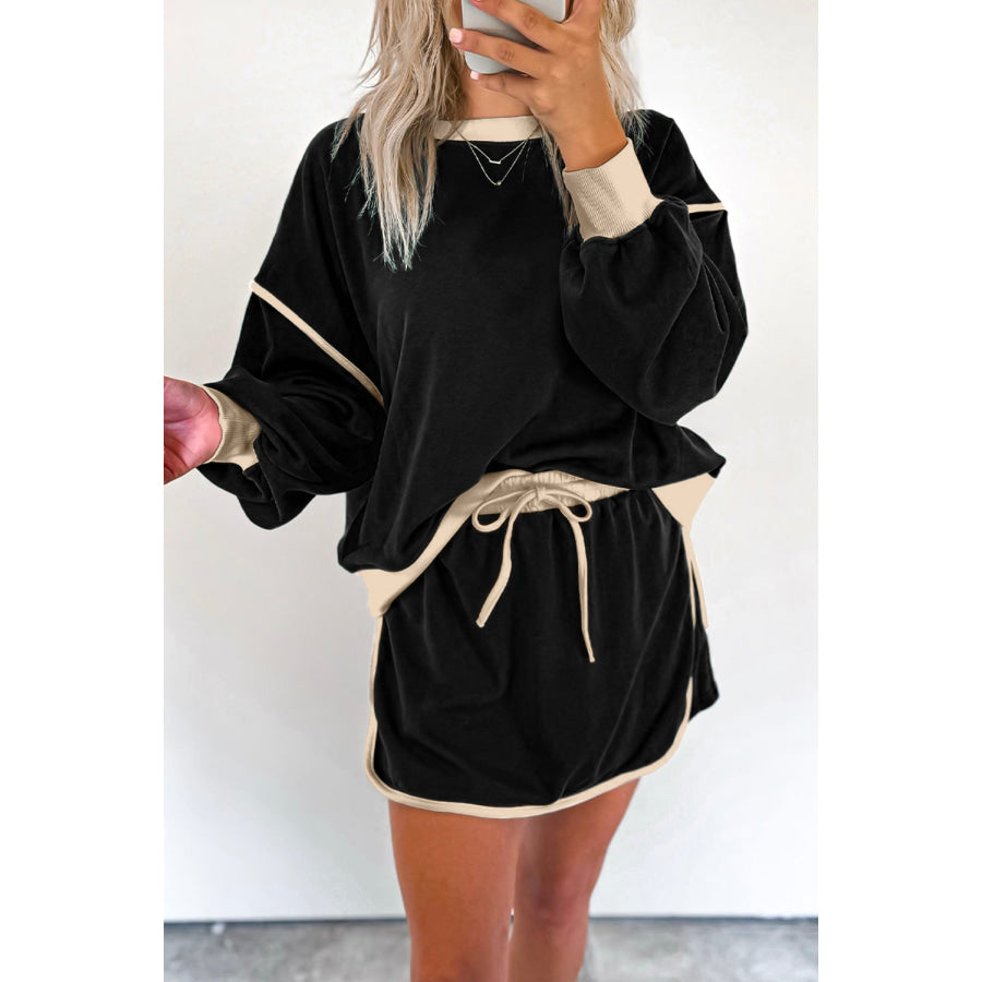 Black Color Contrast Loose Pullover and Lace-up Waist Skort Set Black / S / 65% Polyester + 35% Cotton Two Piece Sets/Two Piece Dresses