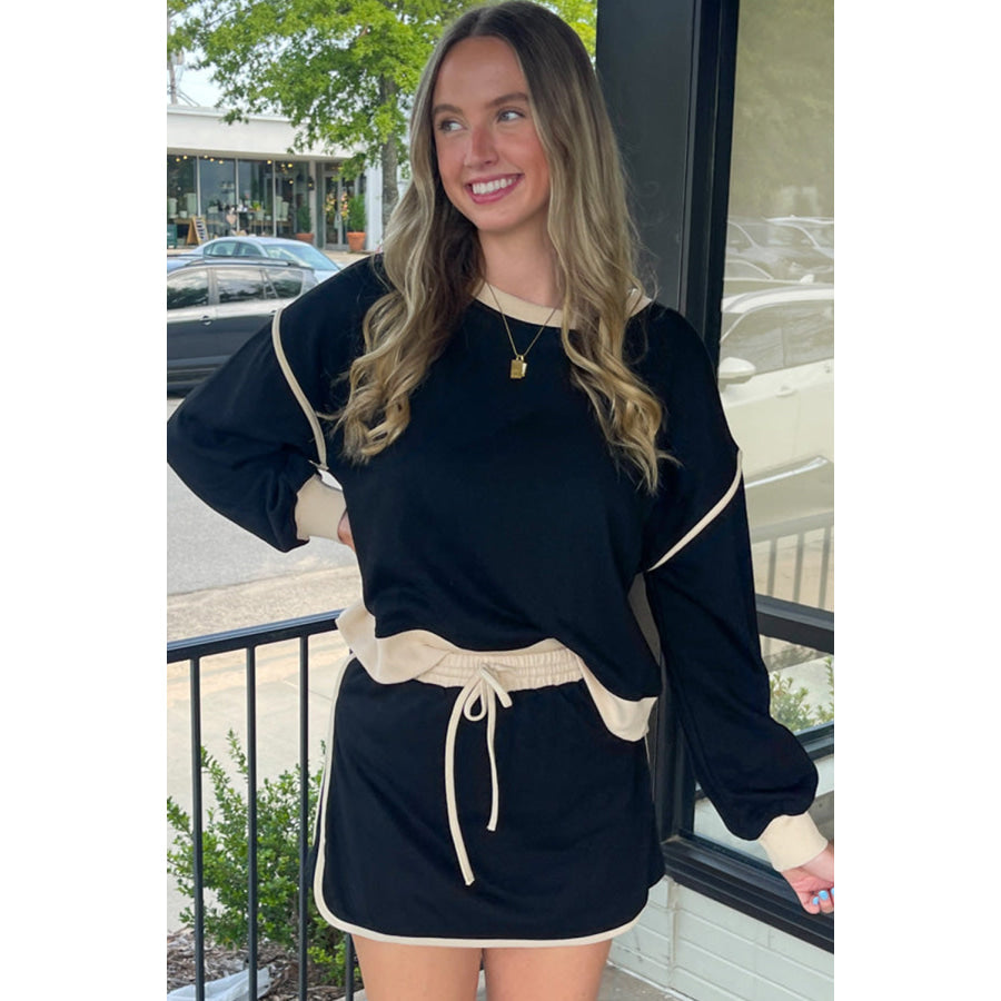 Black Color Contrast Loose Pullover and Lace-up Waist Skort Set Two Piece Sets/Two Piece Dresses