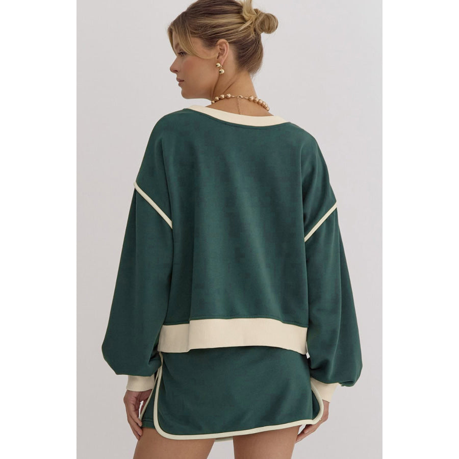 Black Color Contrast Loose Pullover and Lace-up Waist Skort Set Two Piece Sets/Two Piece Dresses