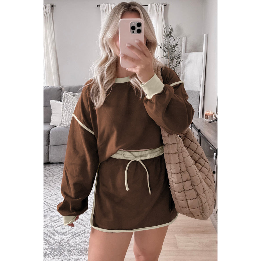 Black Color Contrast Loose Pullover and Lace-up Waist Skort Set Two Piece Sets/Two Piece Dresses