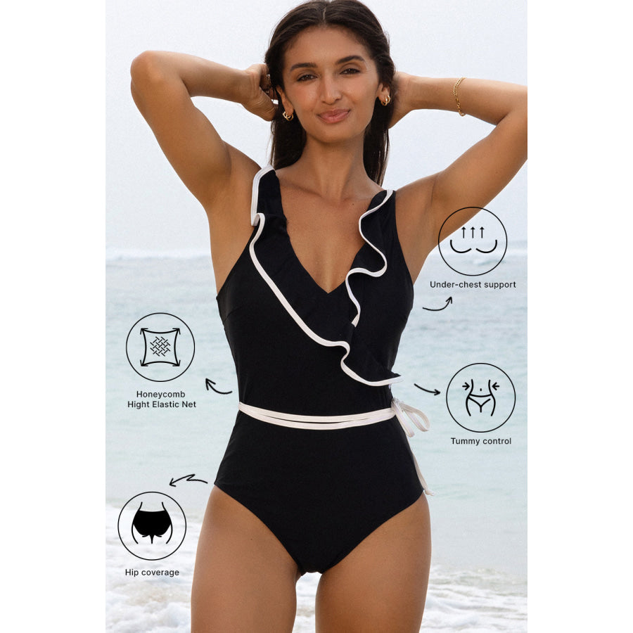 Black Color Contrast Ruffled Wrap V Neck Swimsuit Swimwear/One Piece Swimsuit