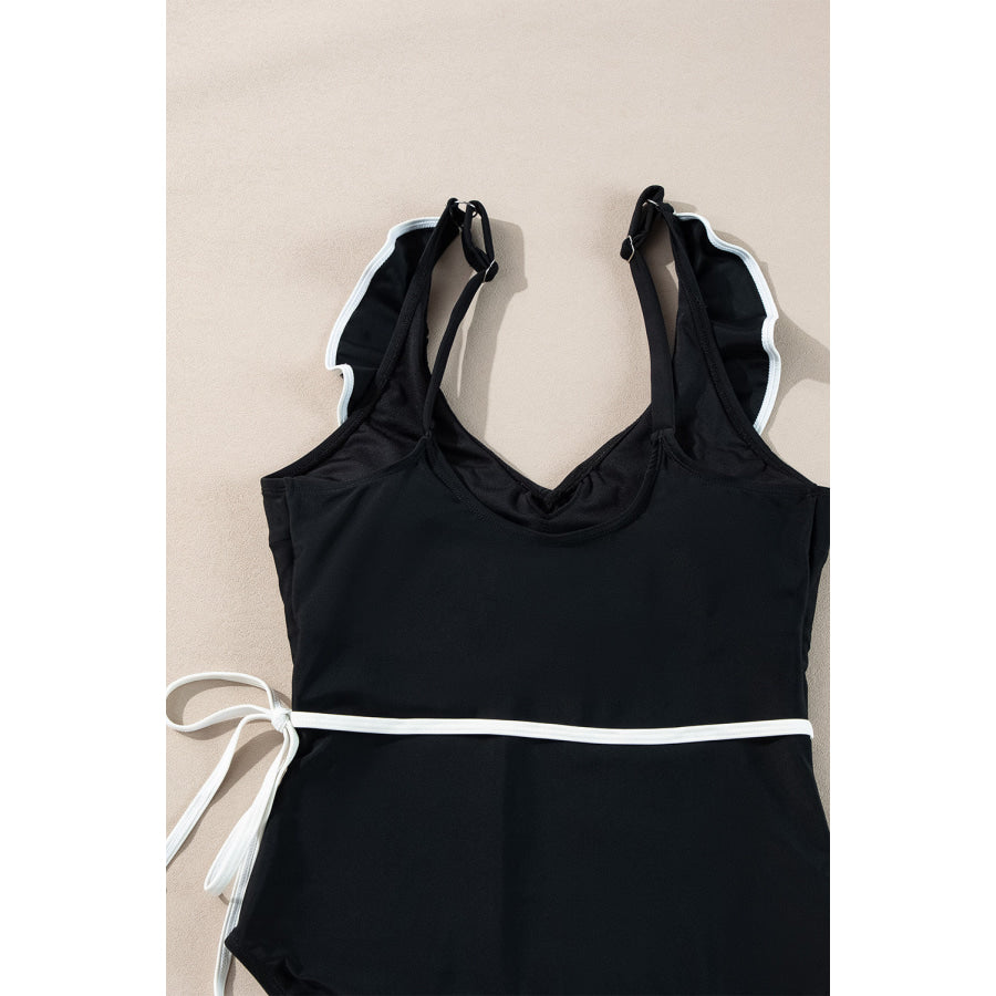 Black Color Contrast Ruffled Wrap V Neck Swimsuit Swimwear/One Piece Swimsuit