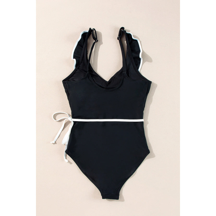 Black Color Contrast Ruffled Wrap V Neck Swimsuit Swimwear/One Piece Swimsuit