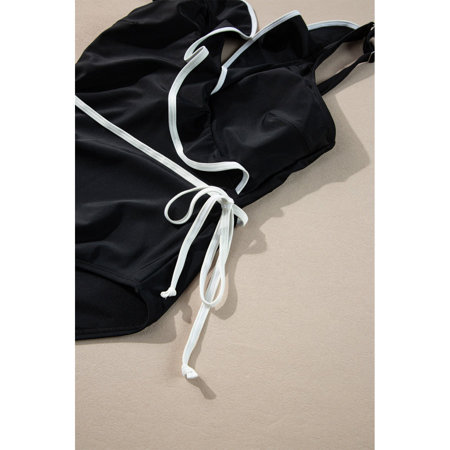 Black Color Contrast Ruffled Wrap V Neck Swimsuit Swimwear/One Piece Swimsuit