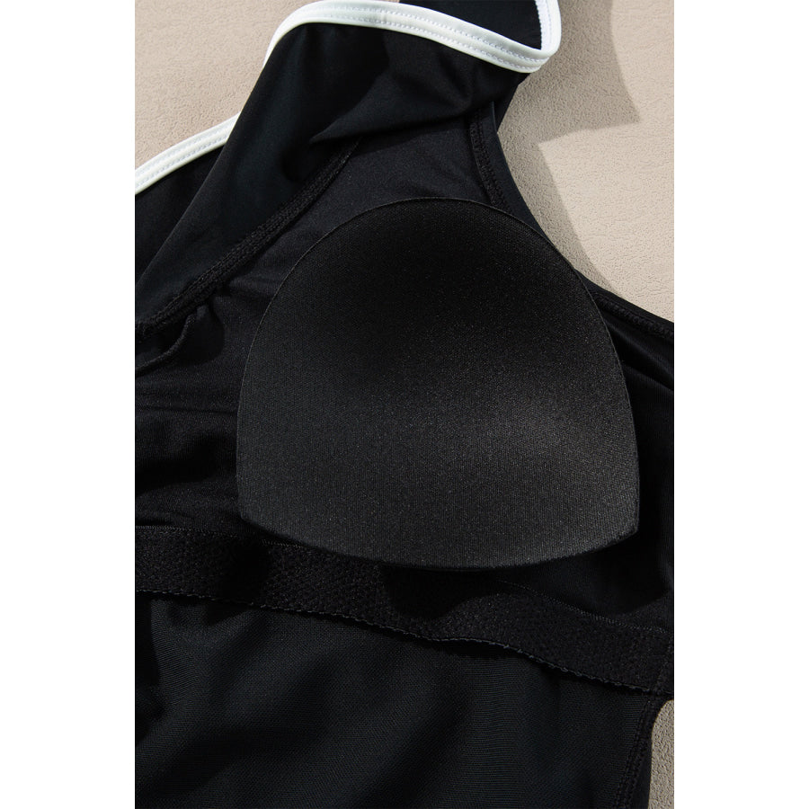 Black Color Contrast Ruffled Wrap V Neck Swimsuit Swimwear/One Piece Swimsuit