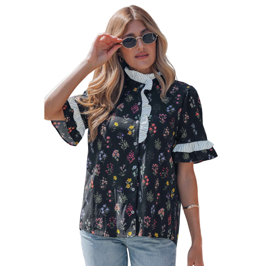 Black Contrast Frilled Trim Short Sleeve Floral Shirt Tops/Blouses & Shirts