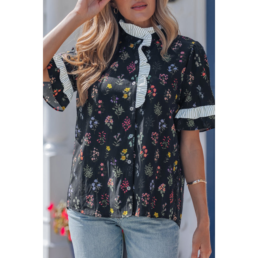 Black Contrast Frilled Trim Short Sleeve Floral Shirt Tops/Blouses & Shirts