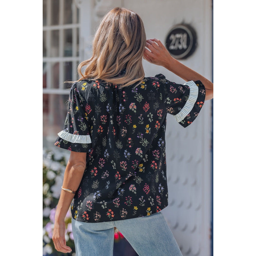 Black Contrast Frilled Trim Short Sleeve Floral Shirt Tops/Blouses & Shirts