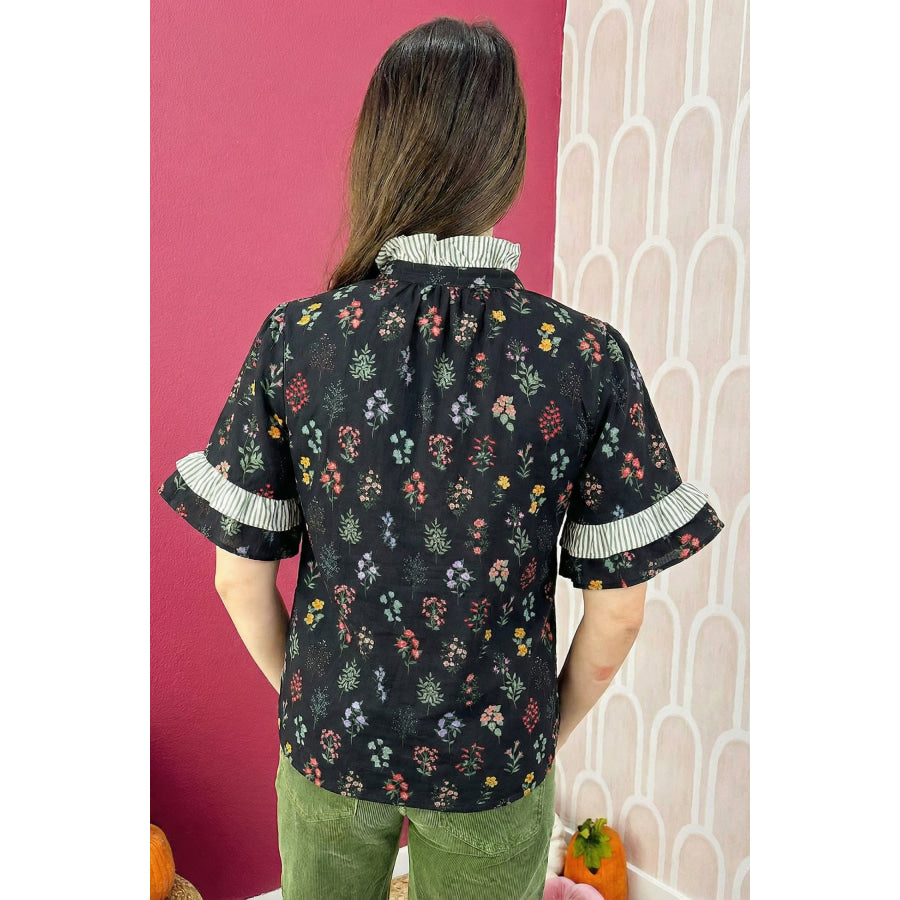 Black Contrast Frilled Trim Short Sleeve Floral Shirt Tops/Blouses & Shirts