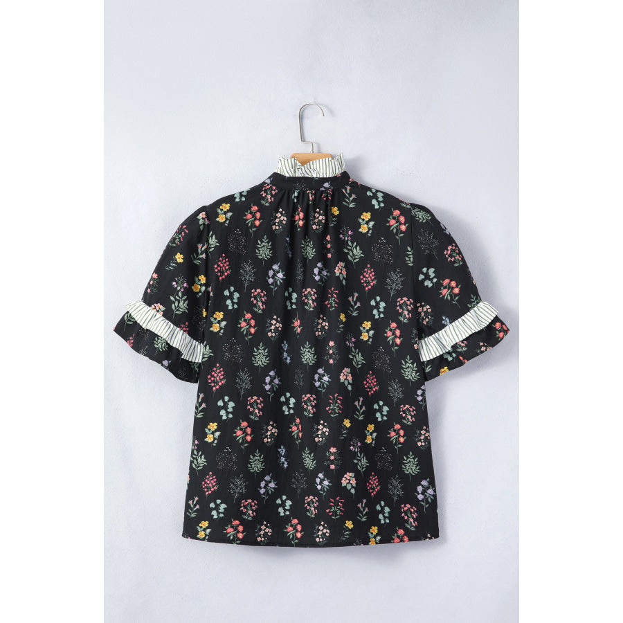 Black Contrast Frilled Trim Short Sleeve Floral Shirt Tops/Blouses & Shirts