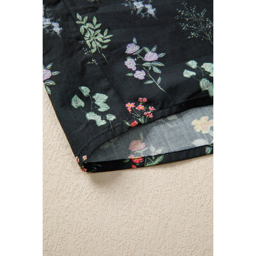 Black Contrast Frilled Trim Short Sleeve Floral Shirt Tops/Blouses & Shirts