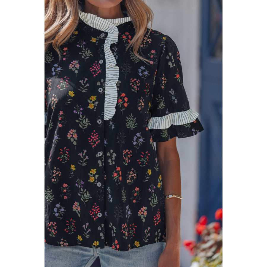 Black Contrast Frilled Trim Short Sleeve Floral Shirt Tops/Blouses & Shirts