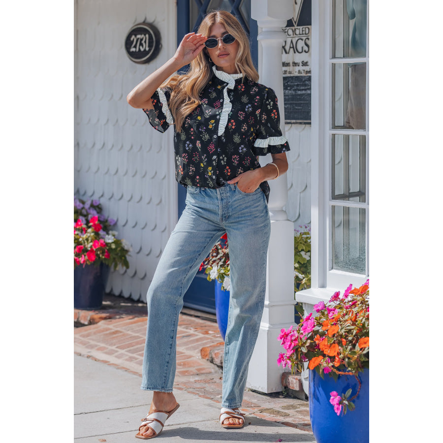 Black Contrast Frilled Trim Short Sleeve Floral Shirt Tops/Blouses & Shirts