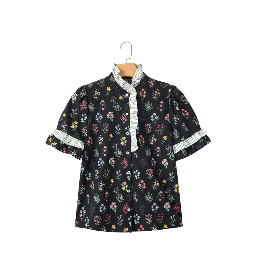 Black Contrast Frilled Trim Short Sleeve Floral Shirt Tops/Blouses & Shirts