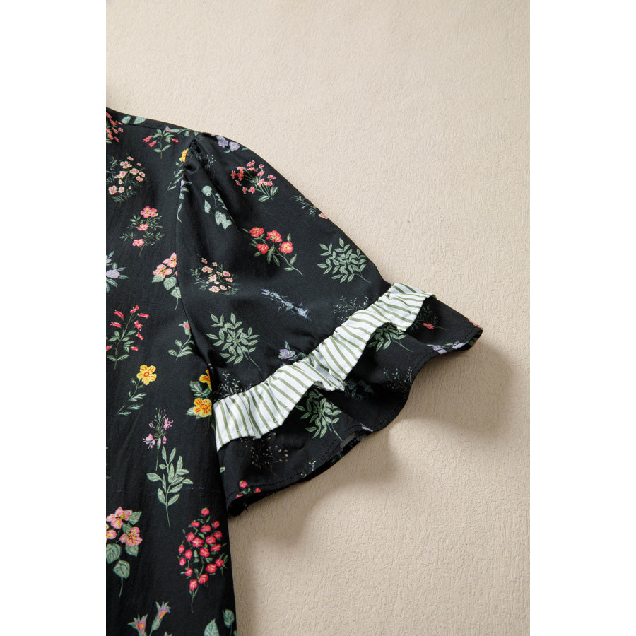 Black Contrast Frilled Trim Short Sleeve Floral Shirt Tops/Blouses & Shirts