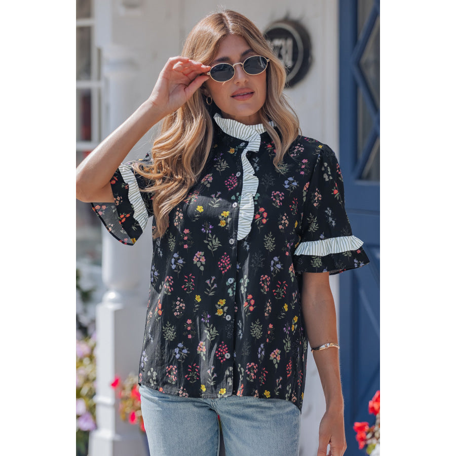 Black Contrast Frilled Trim Short Sleeve Floral Shirt Tops/Blouses & Shirts