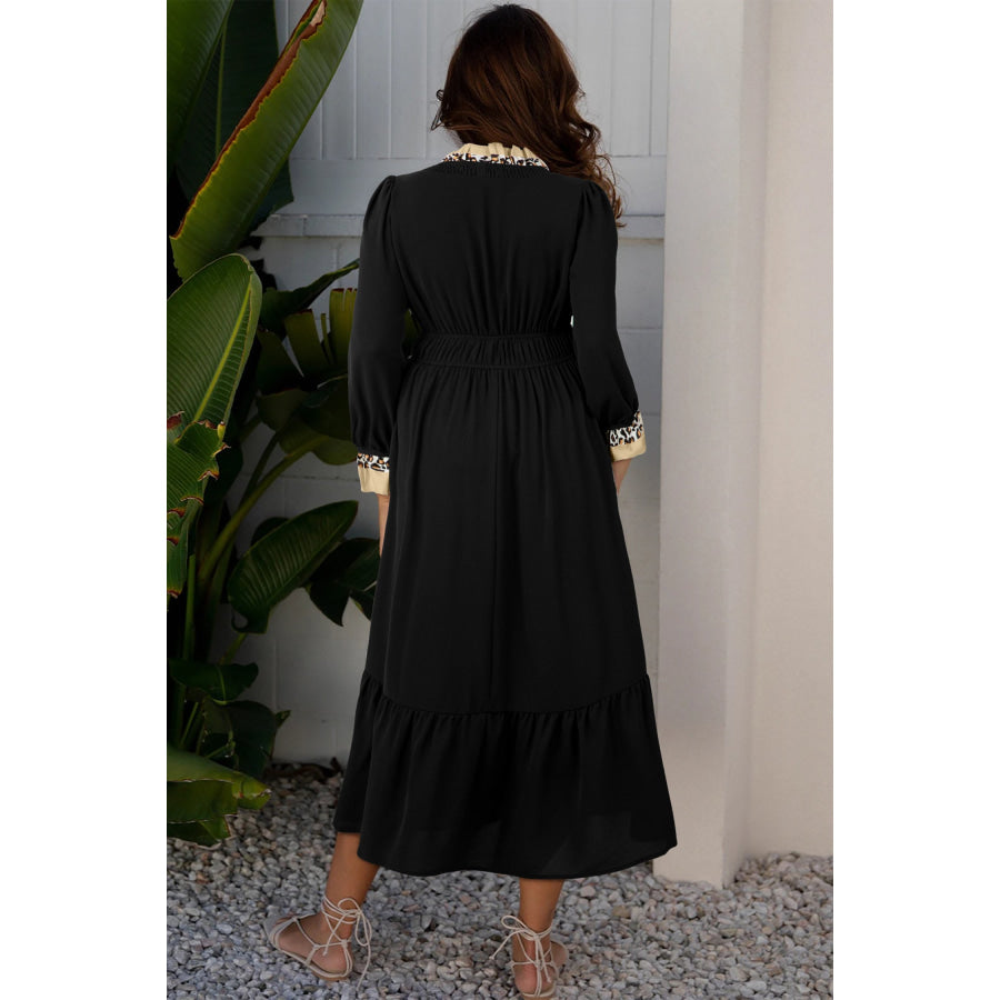 Black Contrast Leopard Frilled Trim V Neck Bracelet Sleeve Midi Dress Black / S / 100% Polyester Dresses/Mini Dresses
