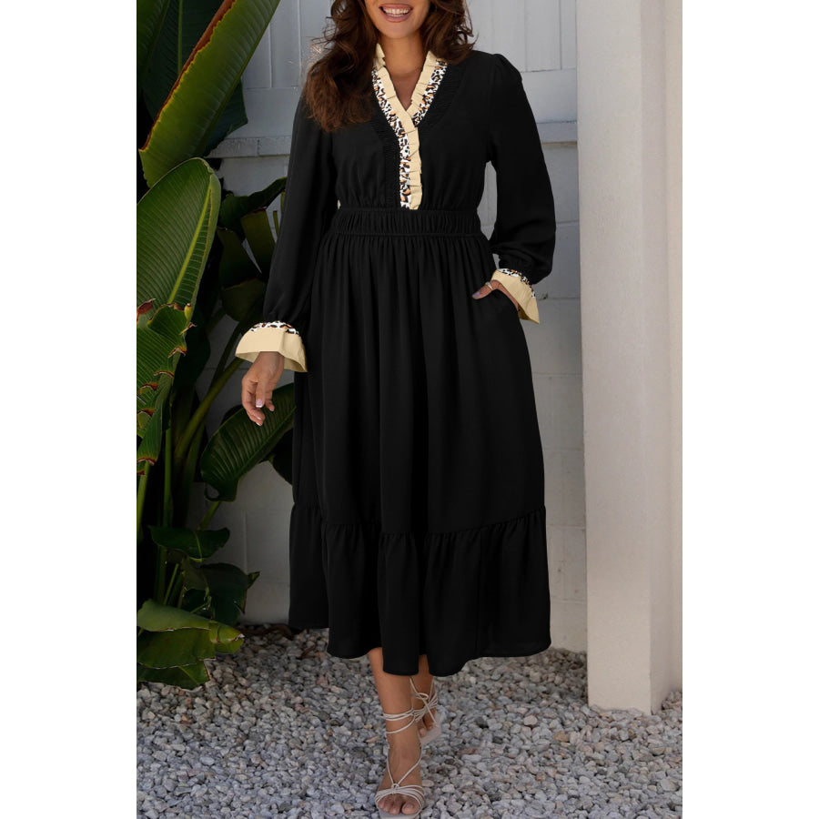 Black Contrast Leopard Frilled Trim V Neck Bracelet Sleeve Midi Dress Dresses/Mini Dresses