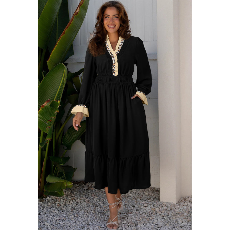 Black Contrast Leopard Frilled Trim V Neck Bracelet Sleeve Midi Dress Black / S / 100% Polyester Dresses/Mini Dresses