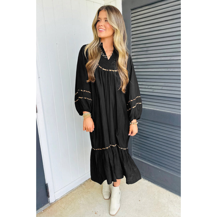 Black Contrast Leopard Trim Split Neck Long Sleeve Casual Midi Dress Dresses/Midi Dresses