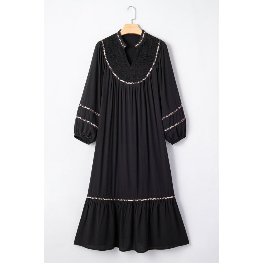 Black Contrast Leopard Trim Split Neck Long Sleeve Casual Midi Dress Dresses/Midi Dresses