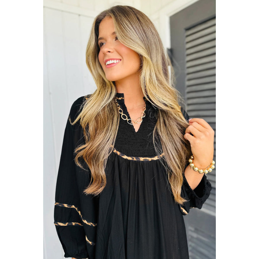 Black Contrast Leopard Trim Split Neck Long Sleeve Casual Midi Dress Dresses/Midi Dresses