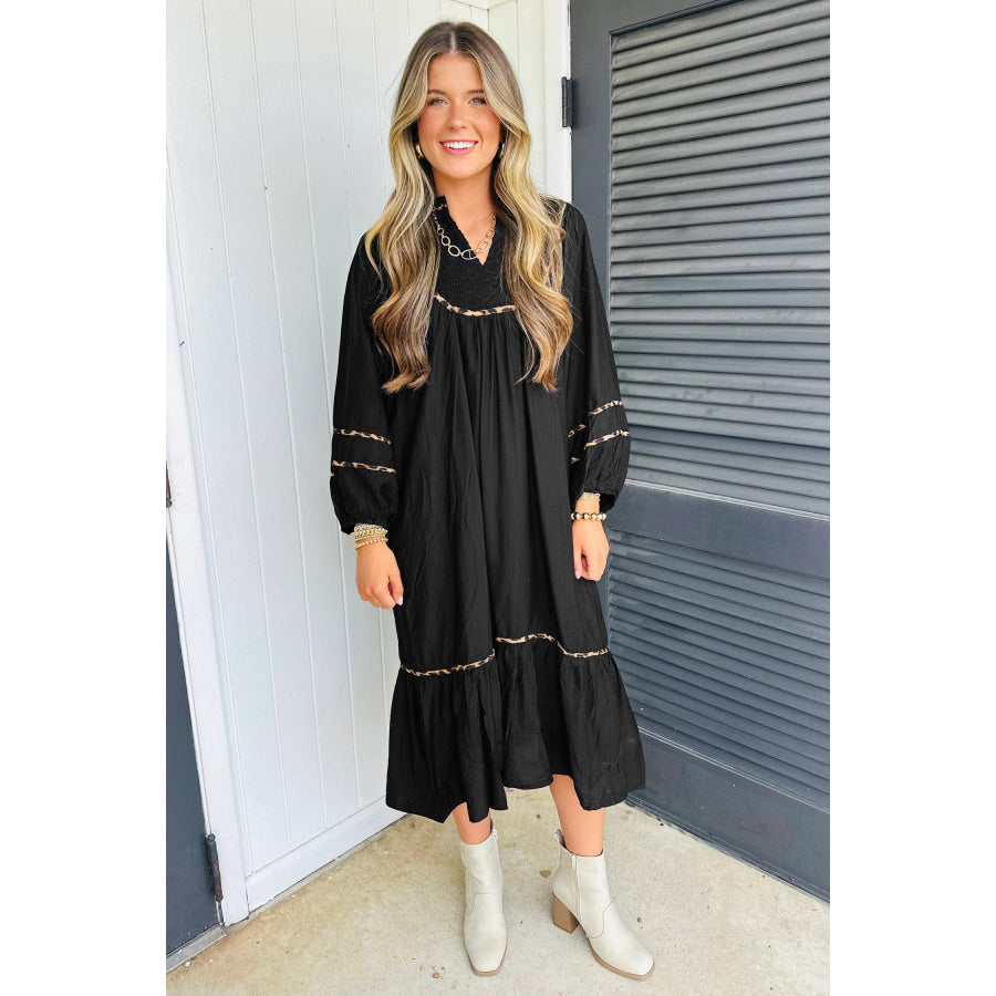 Black Contrast Leopard Trim Split Neck Long Sleeve Casual Midi Dress Dresses/Midi Dresses