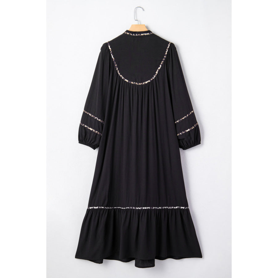 Black Contrast Leopard Trim Split Neck Long Sleeve Casual Midi Dress Dresses/Midi Dresses