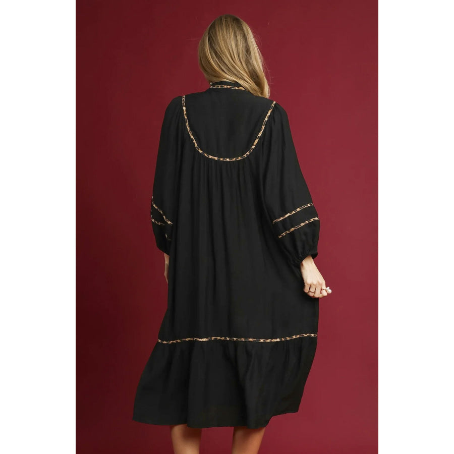 Black Contrast Leopard Trim Split Neck Long Sleeve Casual Midi Dress Dresses/Midi Dresses