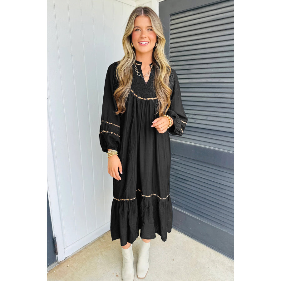 Black Contrast Leopard Trim Split Neck Long Sleeve Casual Midi Dress Dresses/Midi Dresses