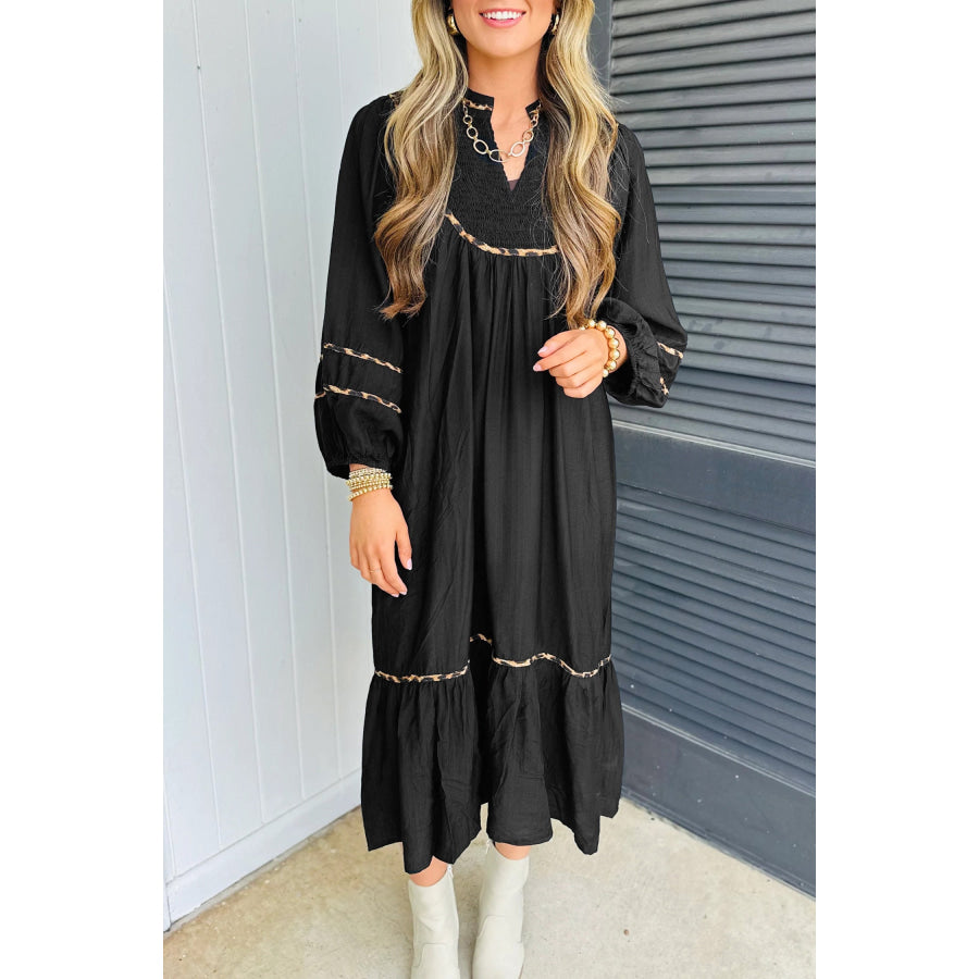 Black Contrast Leopard Trim Split Neck Long Sleeve Casual Midi Dress Black / S / 100% Viscose Dresses/Midi Dresses