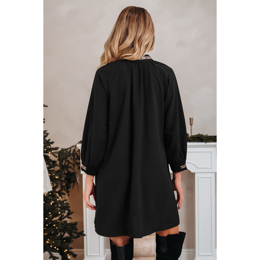 Black Contrast Trim V Neck Bracelet Sleeve Shift Mini Dress Black / S / 100% Polyester Dresses/Mini Dresses