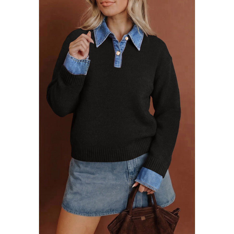 Black Denim Patchwork Collar Cuffed Casual Sweater Black / S / 42% Acrylic + 30% Polyester + 28% Polyamide Sweaters & Cardigans/Sweaters