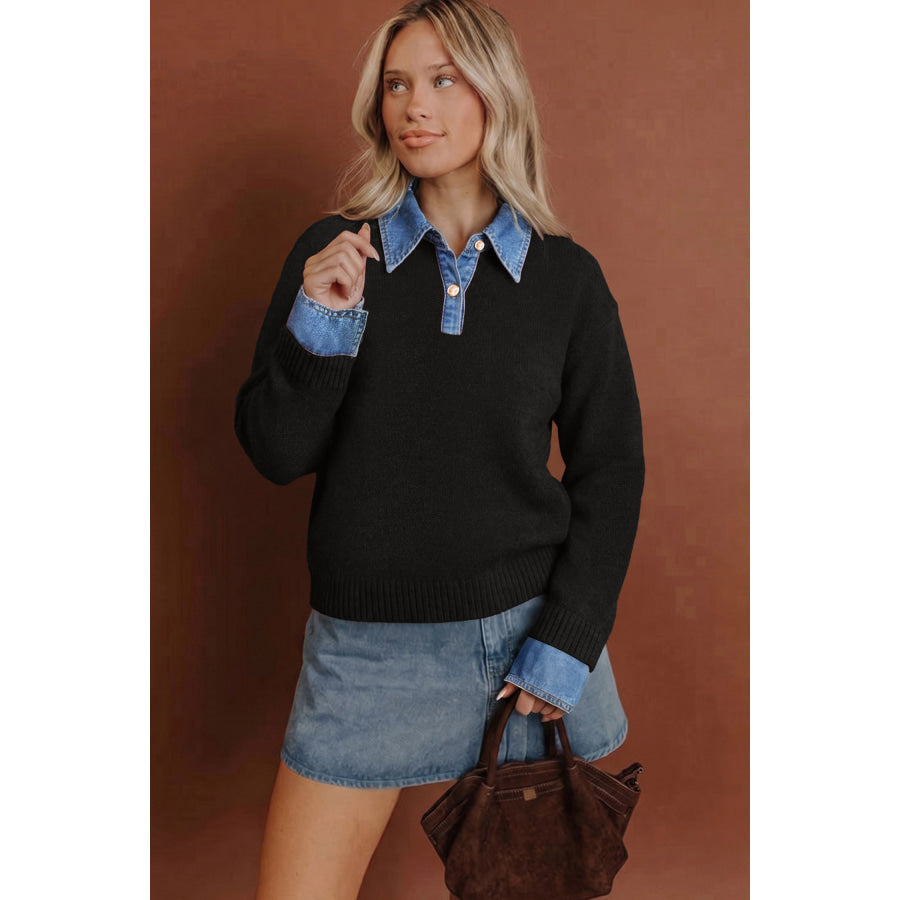 Black Denim Patchwork Collar Cuffed Casual Sweater Sweaters & Cardigans/Sweaters