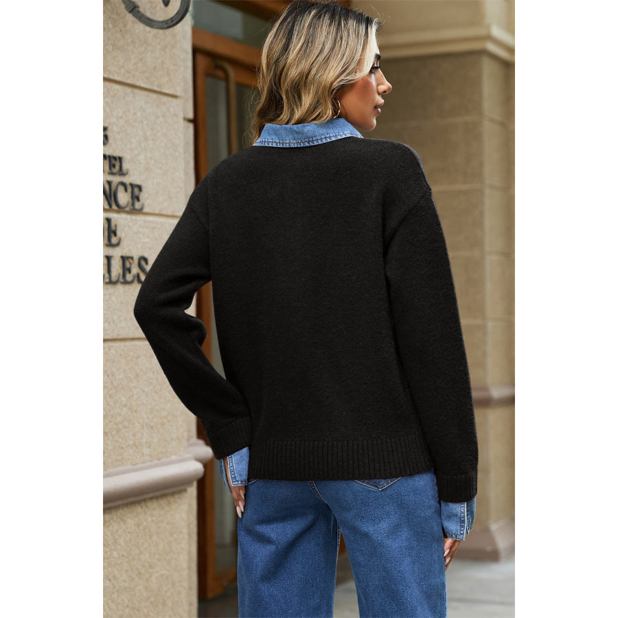 Black Denim Patchwork Collar Cuffed Casual Sweater Sweaters & Cardigans/Sweaters