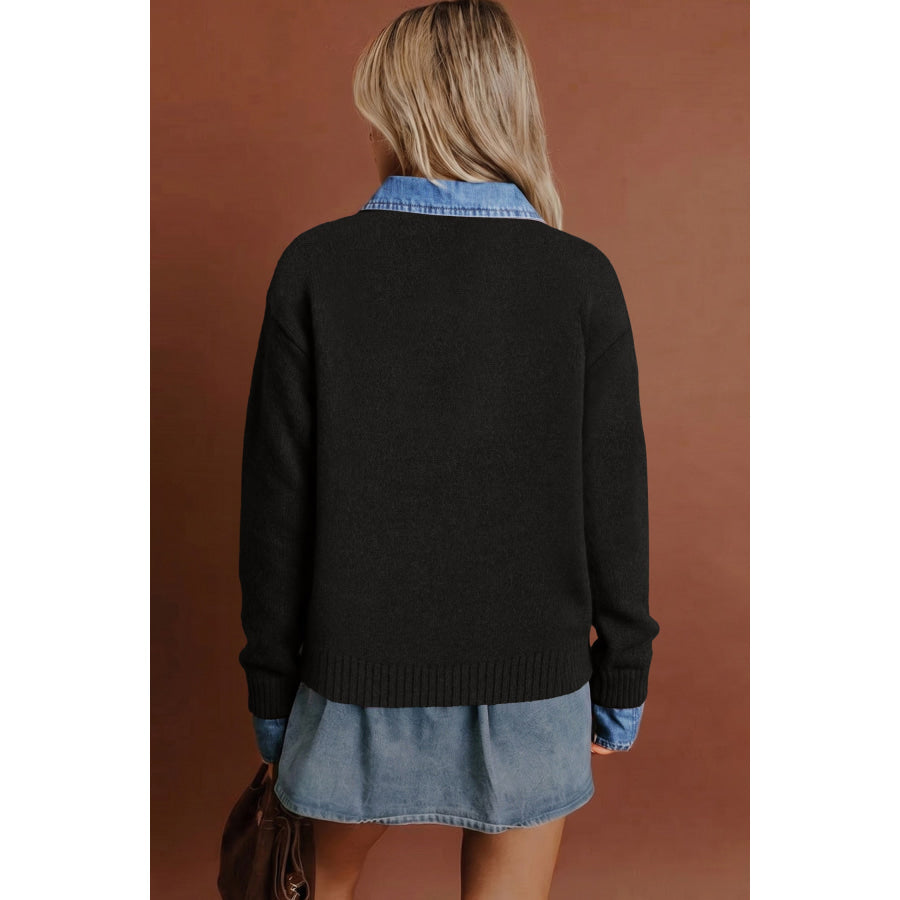 Black Denim Patchwork Collar Cuffed Casual Sweater Sweaters & Cardigans/Sweaters