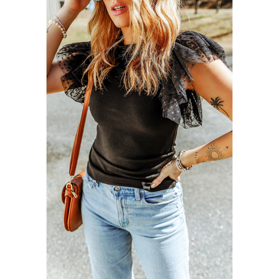 Black Dotty Mesh Ruffle Sleeve Ribbed Knit Top Sale (50% OFF)/Sale OFF)