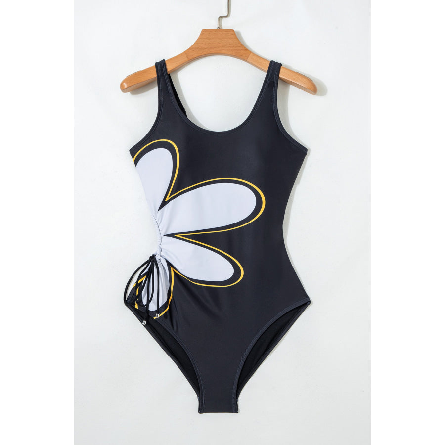 Black Drawstring Big Hole Floral Print Sleeveless One Piece Swimsuit Swimwear/One Piece Swimsuit