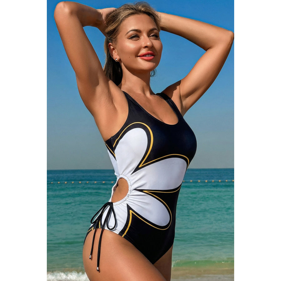 Black Drawstring Big Hole Floral Print Sleeveless One Piece Swimsuit Swimwear/One Piece Swimsuit