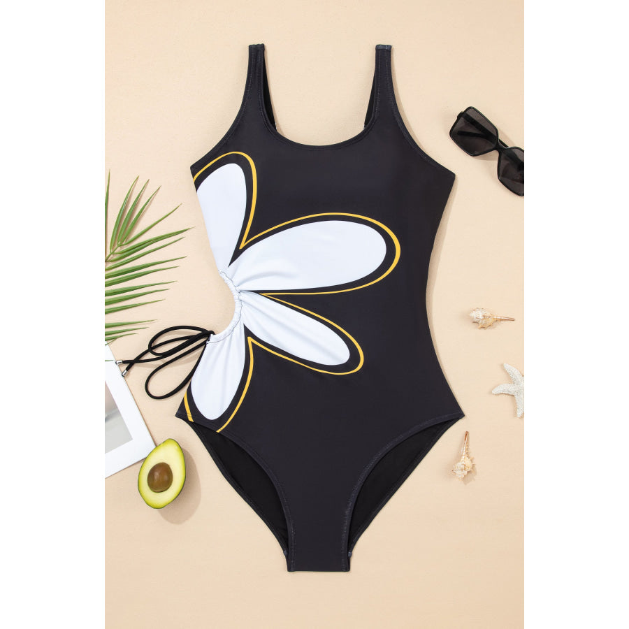 Black Drawstring Big Hole Floral Print Sleeveless One Piece Swimsuit Swimwear/One Piece Swimsuit