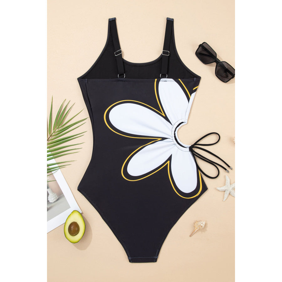 Black Drawstring Big Hole Floral Print Sleeveless One Piece Swimsuit Swimwear/One Piece Swimsuit